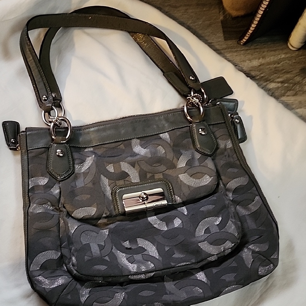 Coach Gray Logo-Pattern Shoulder Bag with Silver Hardware